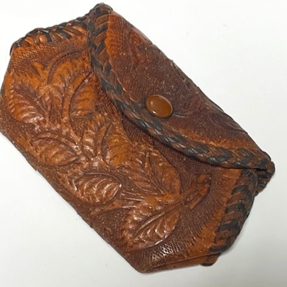 VTG Tooled Leather Coin Purse Snap Pouch Floral Roses Hand-Crafted 4.5"x2.5"